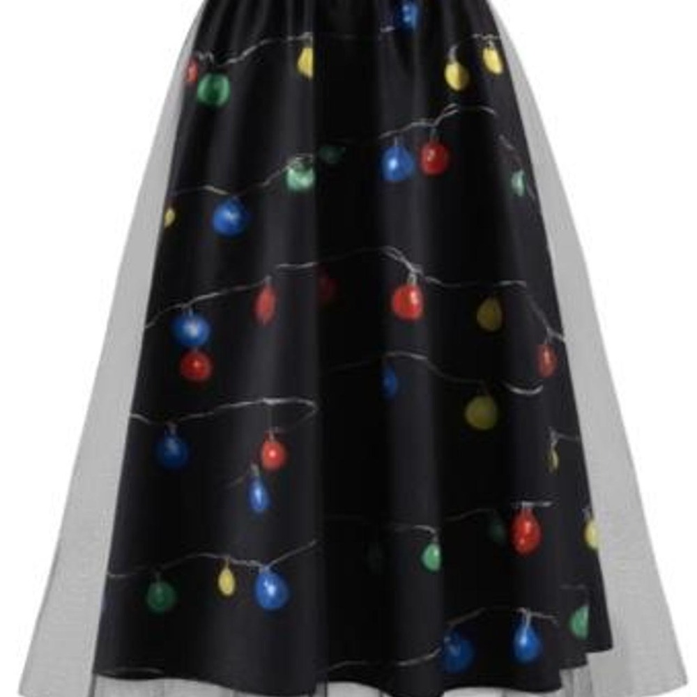 Women Christmas Prints Mesh Tulle Midi Skirt High Waist Flowy Holiday Skirt